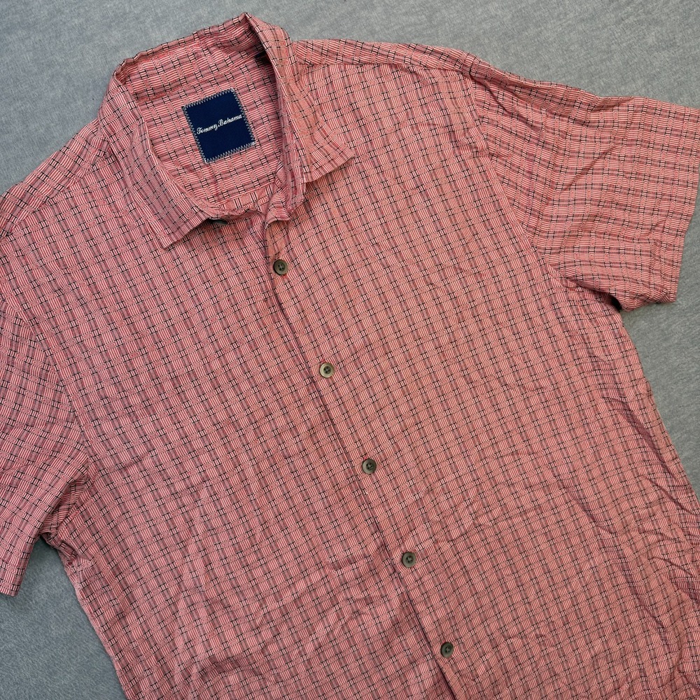 Tommy Bahama Shirt Mens Large Red Geometric Woven Silk Button Up Camp‎ Beach